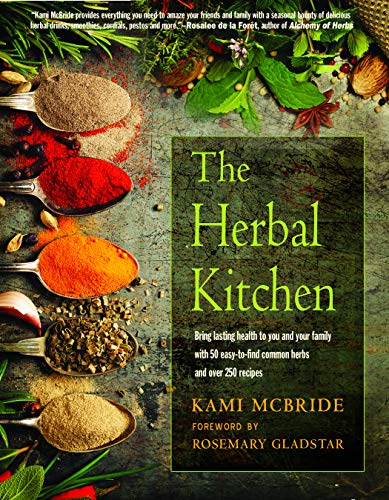 a photo with five spoons full of various spices on the left hand side of the cover