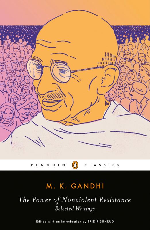 A colorful illustration of Gandhi with a black bar across the lower third with the title and author.