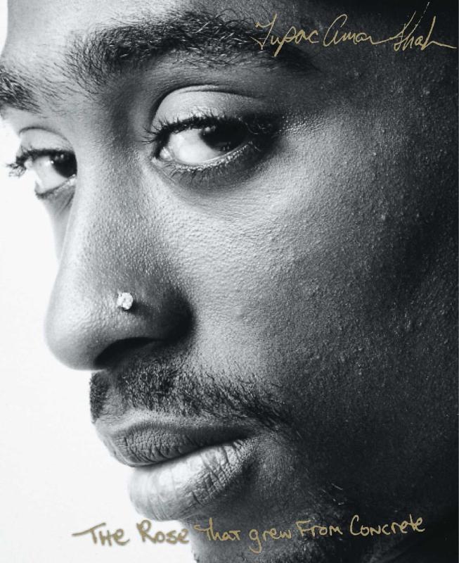 Cover is a close up B&W photo of Tupac.
