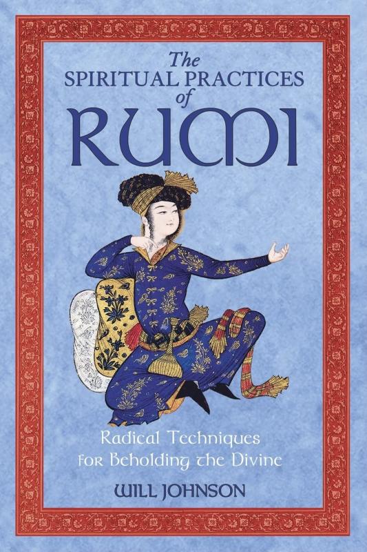 Blue cover with a red border and an old school illustration of Rumi.