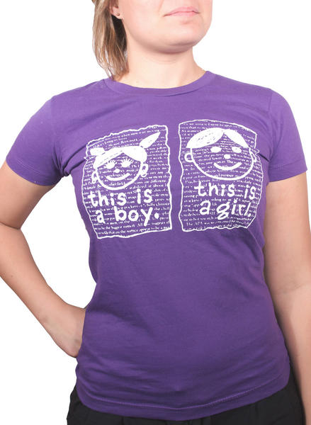 t-shirts with a picture of a face with pigtails and the text "this is a boy" and a face with short hair and the text "this is a girl"