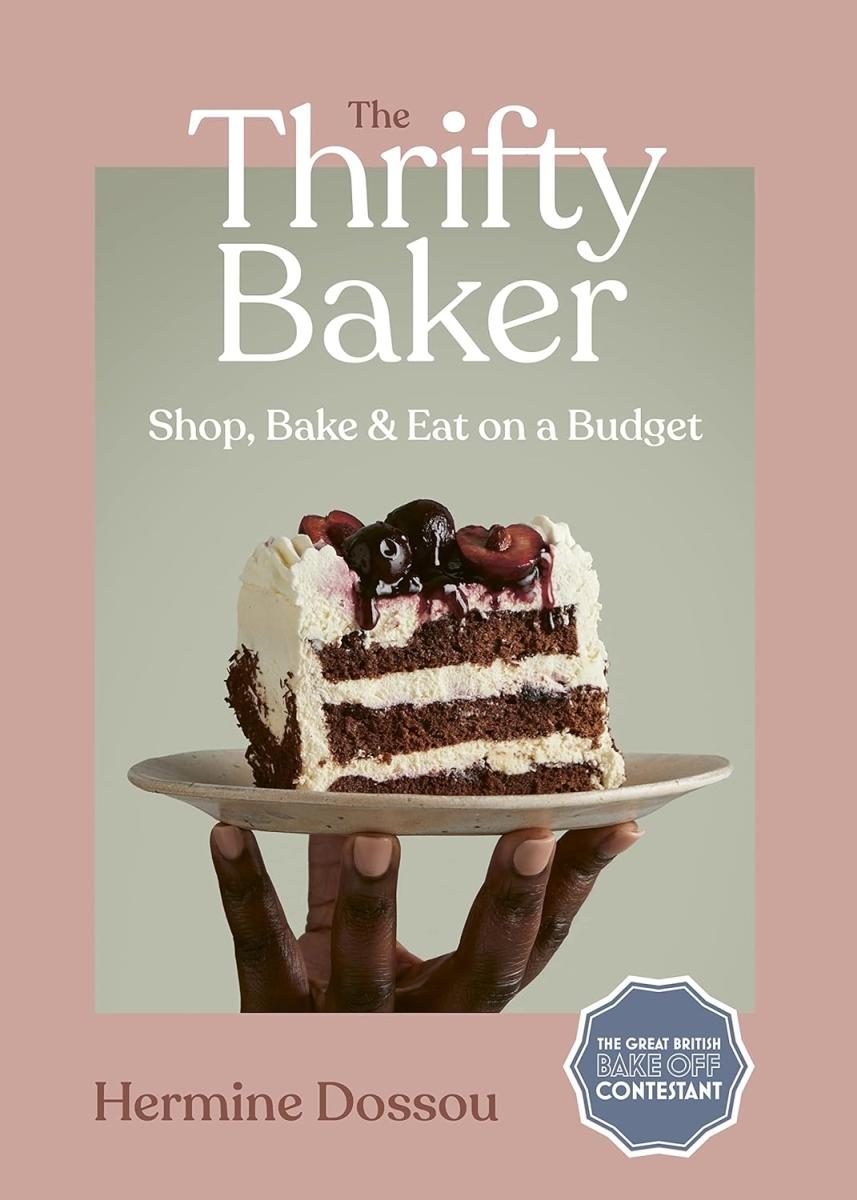 pink cover with bold white text and hand holding a plate of cake