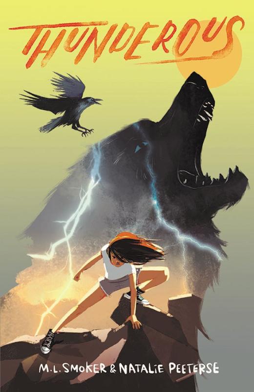 illustration of person on top of a mountain with spirits around with yellow cover and red text