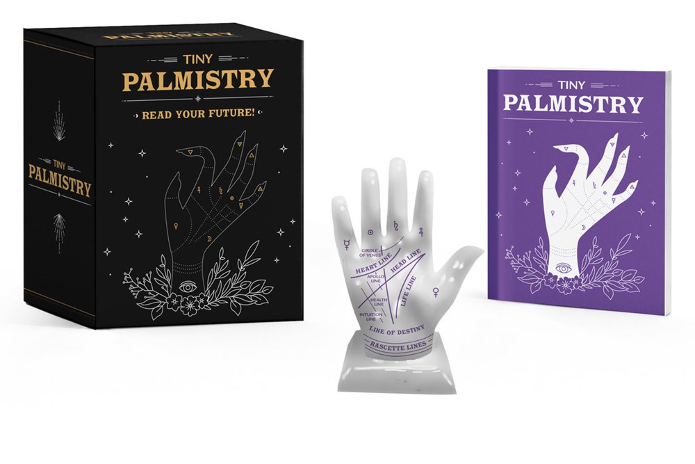 Palm reading chart with decorative stars and leaves. Illustration.