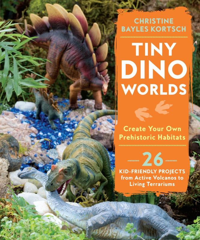 illustration of plastic dinos in a tiny garden with white text in orange banner