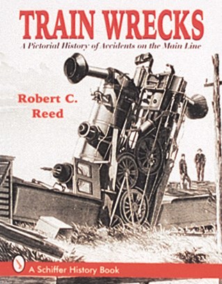 a stream-engine train in a wreck, two onlookers in the background.