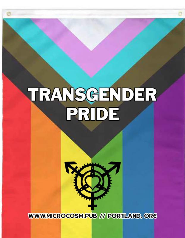 the progress pride flag with the Microcosm logo superimposed over the bottom half and the words 'transgender pride' at the top