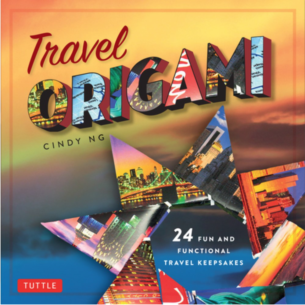 Cover is in a postcard-style format with an origami star that has photos of different travel spots on each star fold.