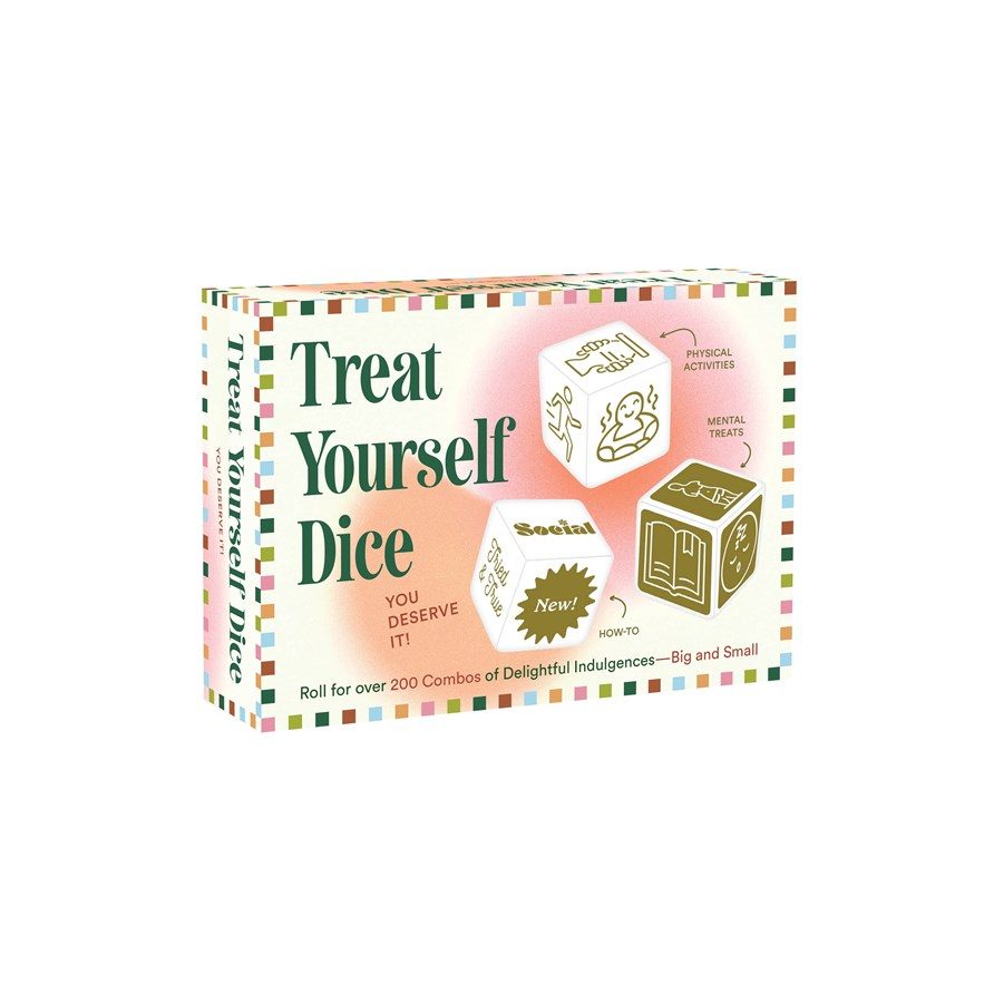 white cover with green gold and pink with dice