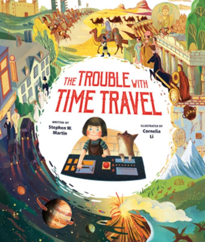 illustration of a kid and dog running a time machine and seeing other times