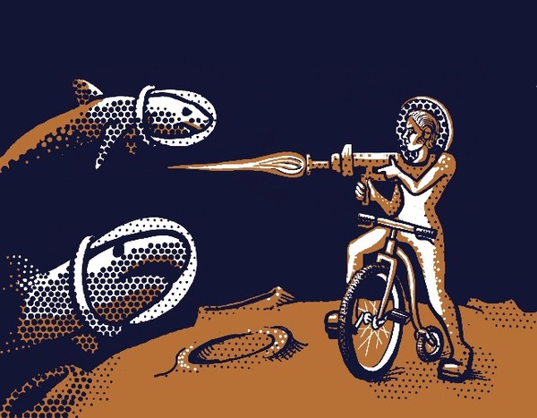 a drawing of a woman on a pennyfarthing aiming a blaster as space sharks approach