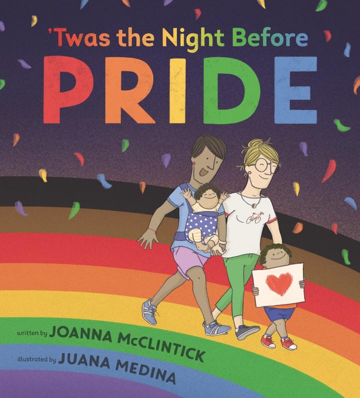 a queer couple with two kids, one in a baby carrier, walks down a rainbow holding hands while the older kid holds a sign with a heart on it