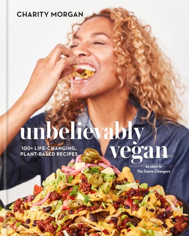 person eating food on white cover with white text