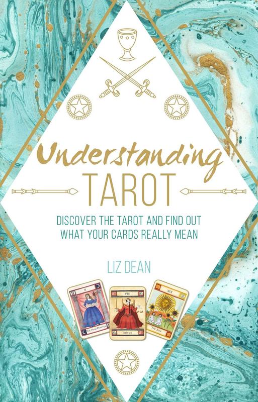 a white diamond over gold and turquoise marble pattern with tarot symbols and cards above and below the title