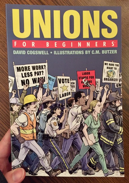 book cover depicting various workers rioting and protesting with signs