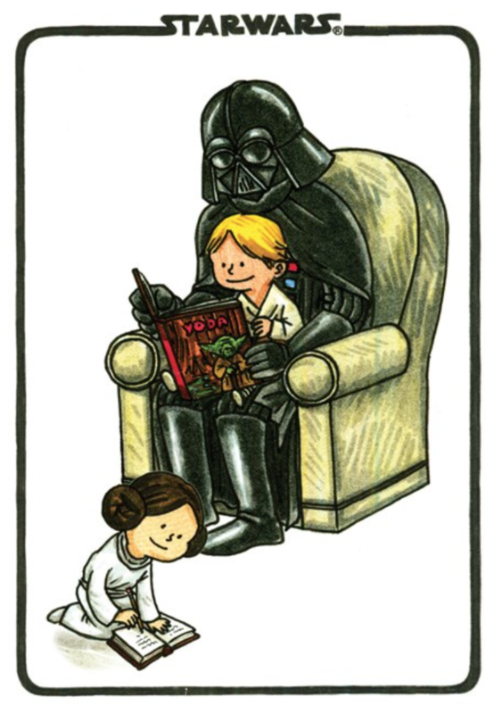 vader sits reading a book about yoda with his kids