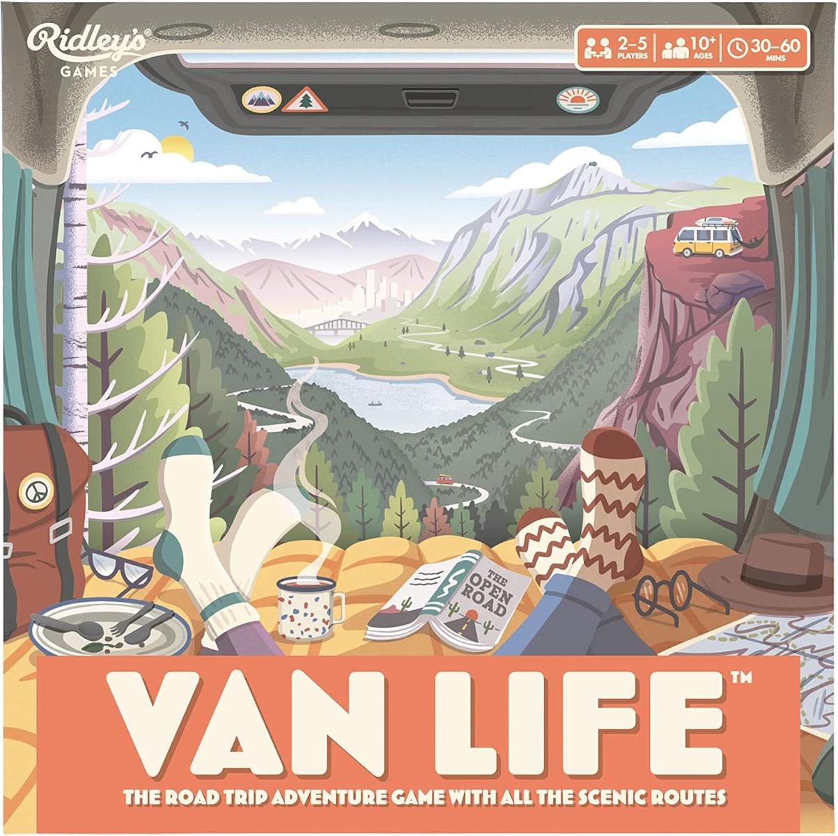 scene from van opening to countryside with orange banner with white text