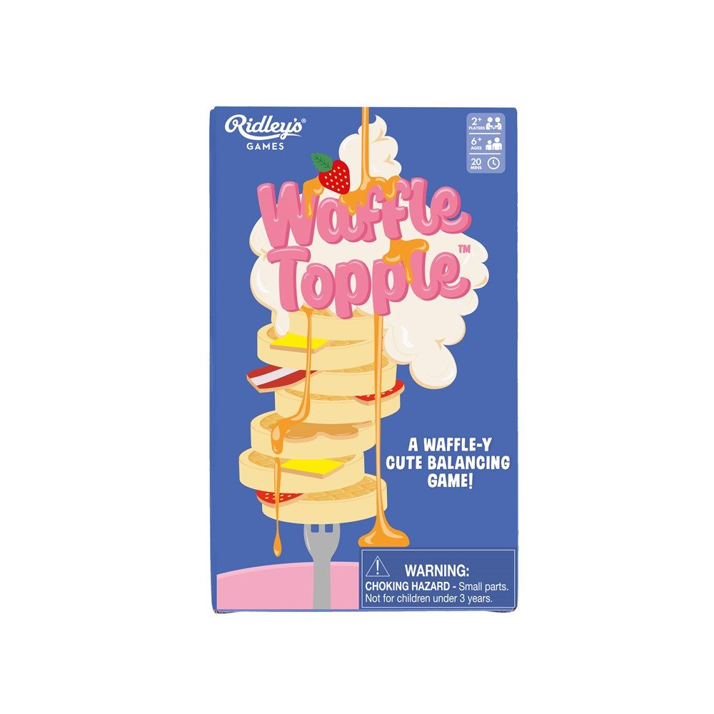 design of stack of waffles with pink text on blue background