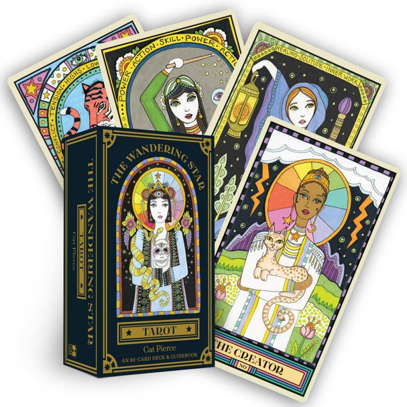 four tarot cards and a deck box, with each card displaying an illustration of a woman (and one tiger) with a different caption underneath. the first card and primarily visible one is labeled creator.