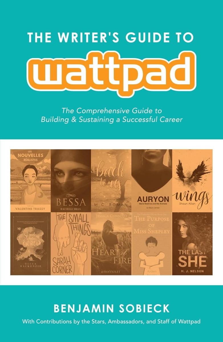 teal cover with orange text and collage of various book covers