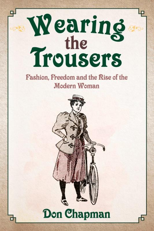 Cover with vintage illustration of a woman wearing pants and standing next to a bicycle