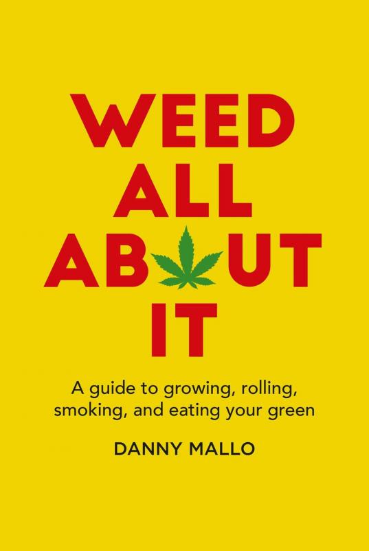 Yellow background with bold red lettering and a green marijuana leaf in place of the "O" in "ABOUT"