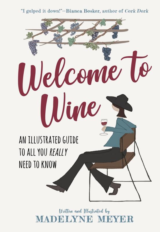 Illustration of a lady drinking some wine at a vineyard.