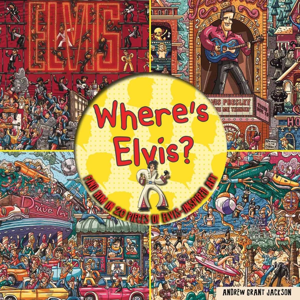collage of illustrated cartoon scenes with crowds of people with yellow banner and red text