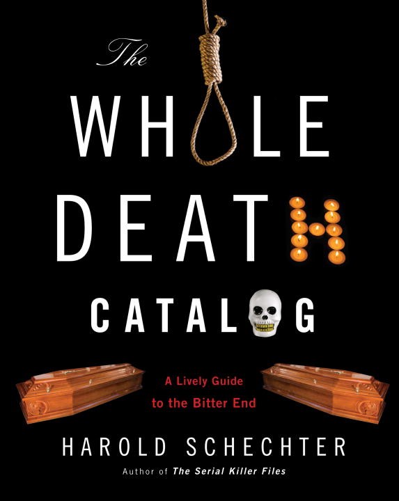 text cover with noose, candles, and skull standing in for title letters; subtitle bracketed with coffins