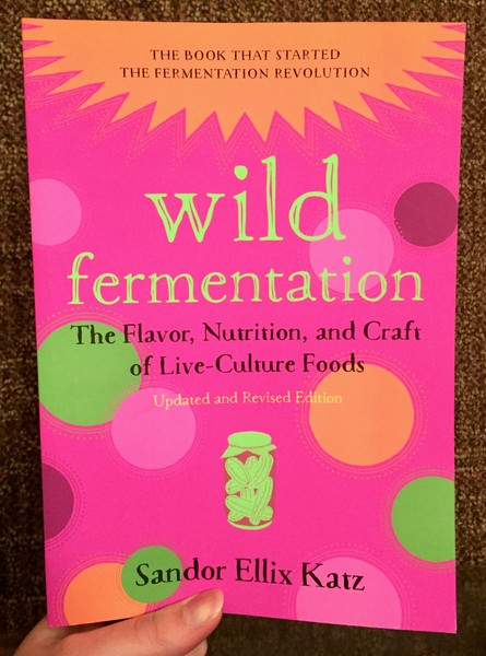 Wild Fermentation book (the bigger one) by Sandor Ellix Katz [A pink cover with orange and green shapes]