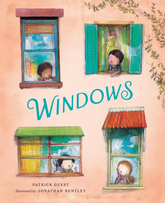 tan building facade with window with children peering out of them with blue text