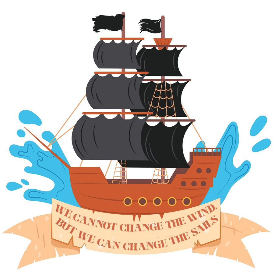 Tall ship with black sails on ocean waves with text in a banner at bottom.