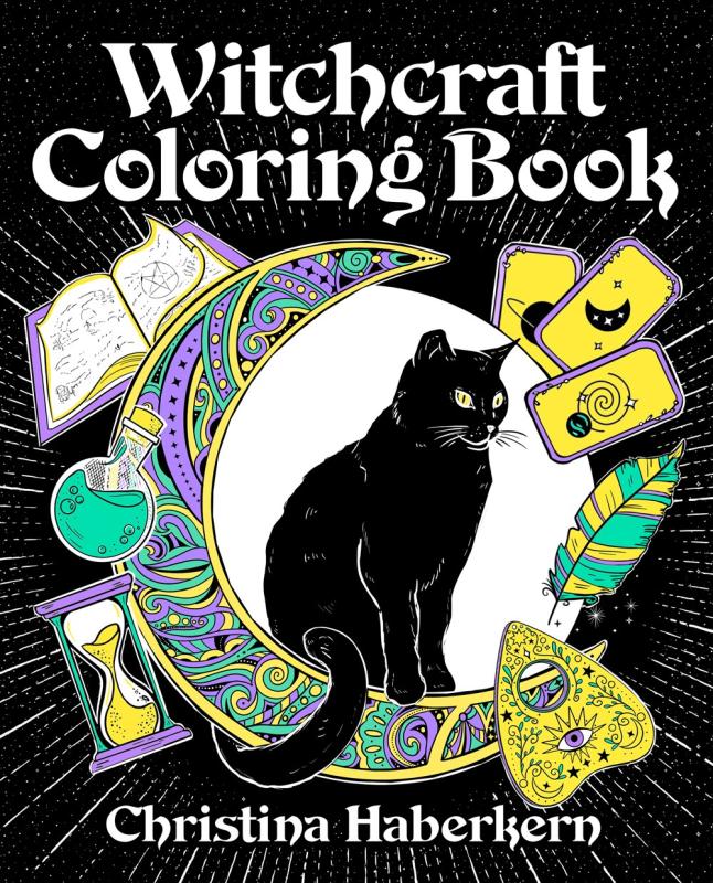 Black cover with cat on moon amidst many occult symbols.