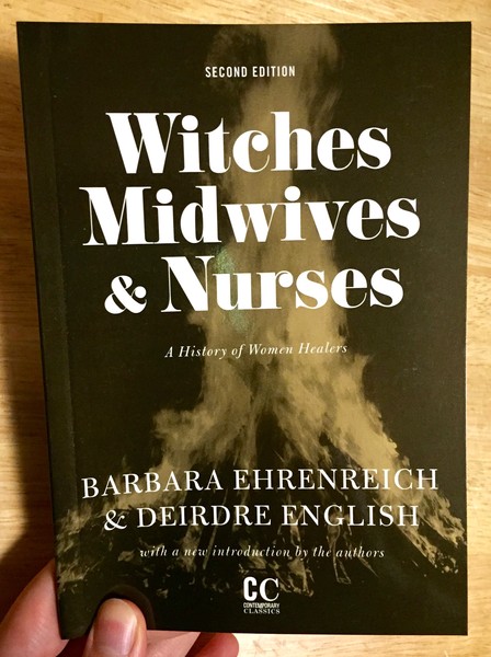 Cover of Witches, Midwives, and Nurses: A History of Women Healers which features a black and white image of a bonfire