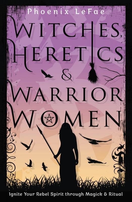 a woman holding a sword stands in a field with birds flying overhead. one side of the h in  'witches' is made up of a broom handle.