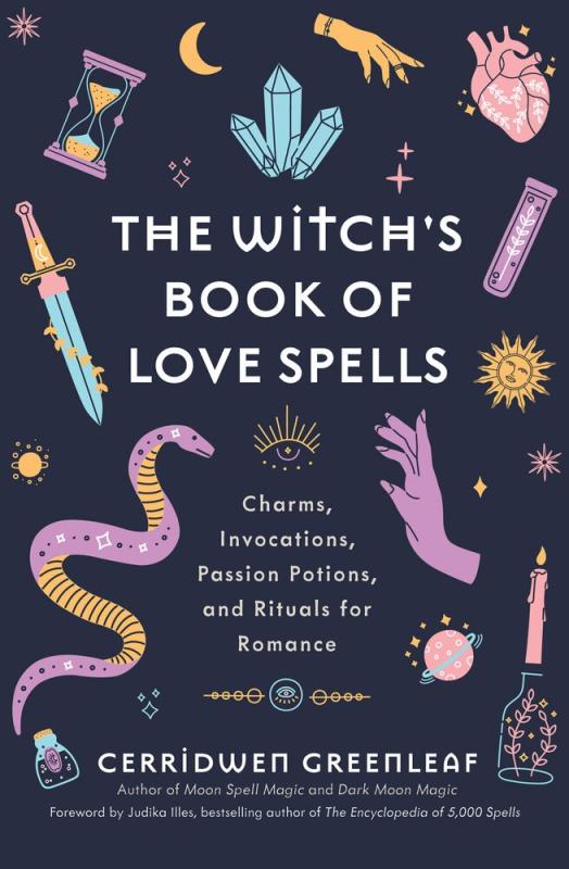 blue cover with various illustrations of witchy things with white text