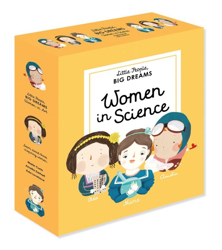 illustrations of Ada Lovelace, Marie Curie, and Amelia Earhart on a yellow box