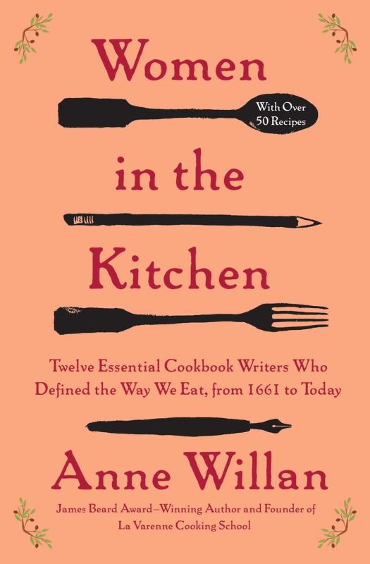 Salmon color (?) cover with the title in pink. The title is interspersed by silhouettes of kitchen utensils.