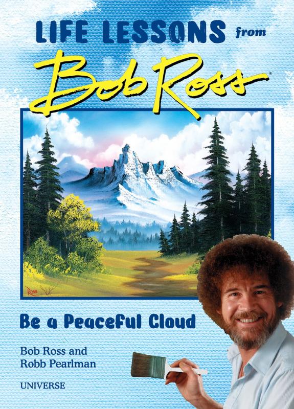 Bob Ross with paintbrush in hand standing in front of a painted mountain landscape