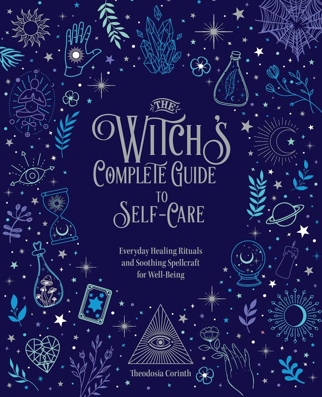 line drawings of crystals, potions, tarot cards, planets, stars and other witchy paraphernalia against a dark blue background surrounding the title text