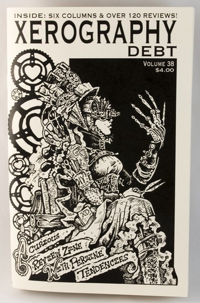 An illustration of a steam punk, goddess looking woman with a top hat on a black and white zine
