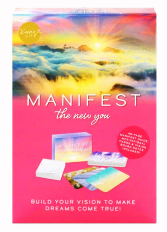 Pink box with a photo of a waterfall over a sunset and packs of cards. Text is white.