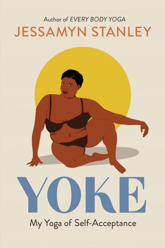 a black woman sits in her underwear with a yellow circle behind her.
