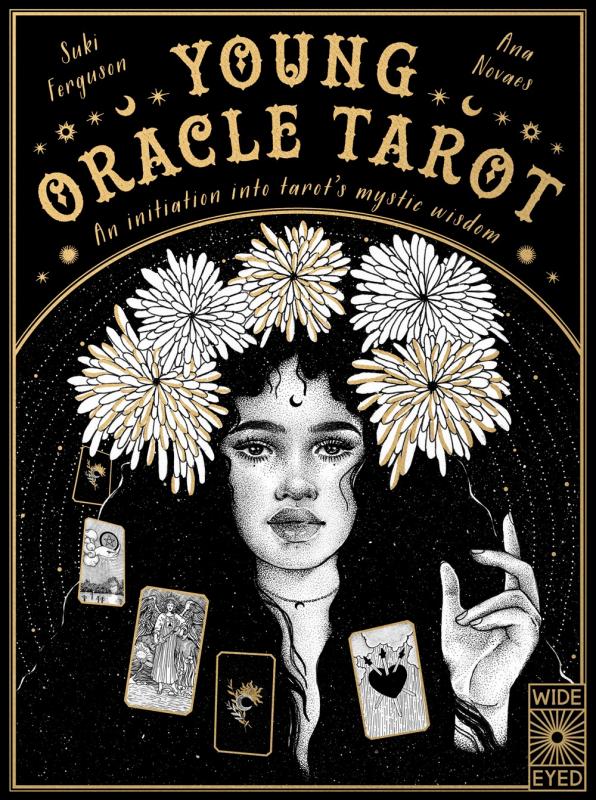a young woman wearing a flower crown with three tarot cards in front of her and her left hand held up 