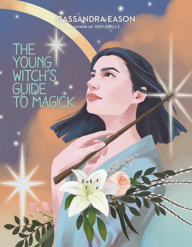 a young woman holding a wand looks upward toward the sky with a flower in front and stars and clouds behind