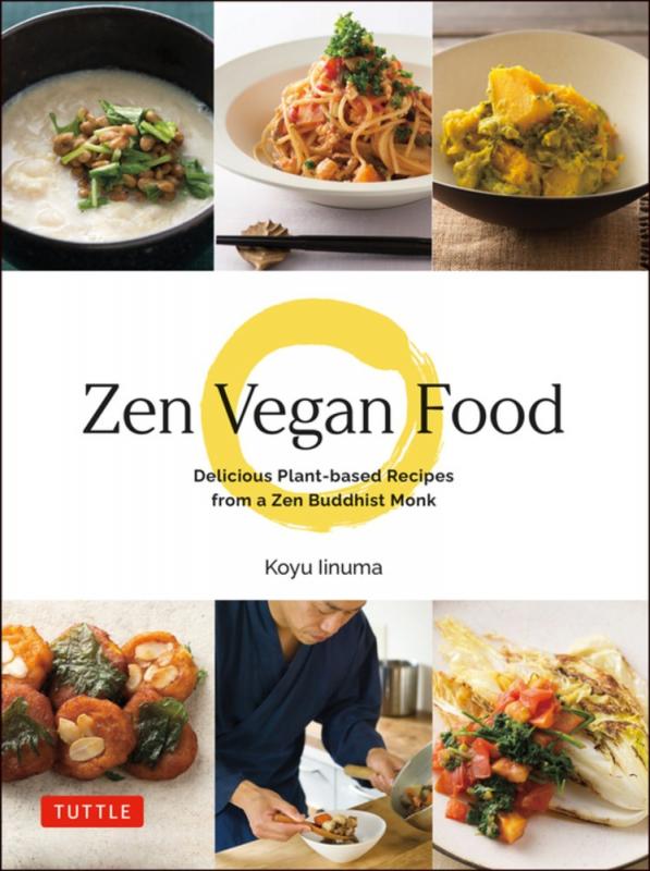 six images of vegan meals, with a painted circle in the center of the cover with the title overlaid