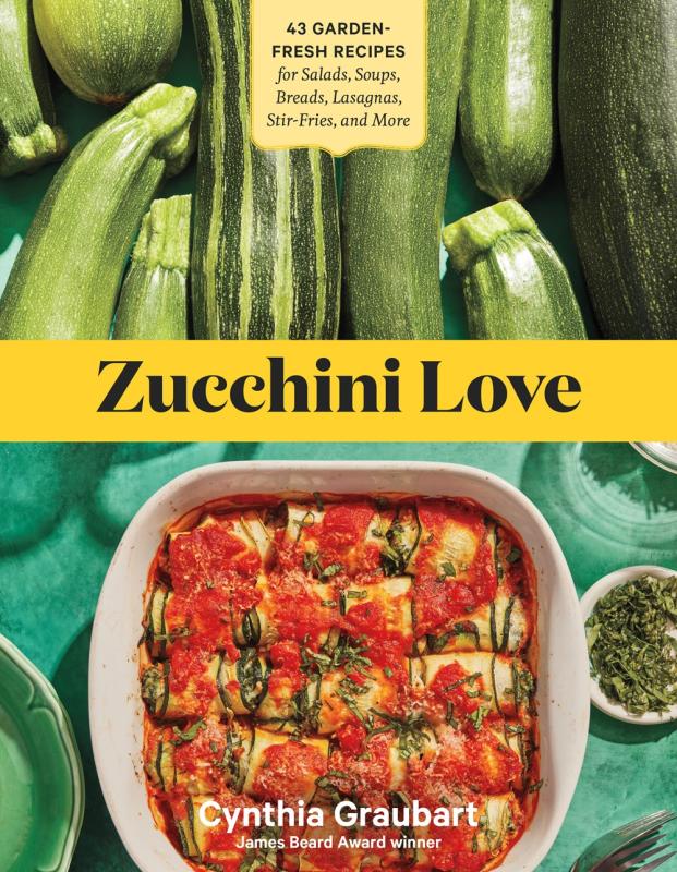 close up of zucchini with yellow banner and black text